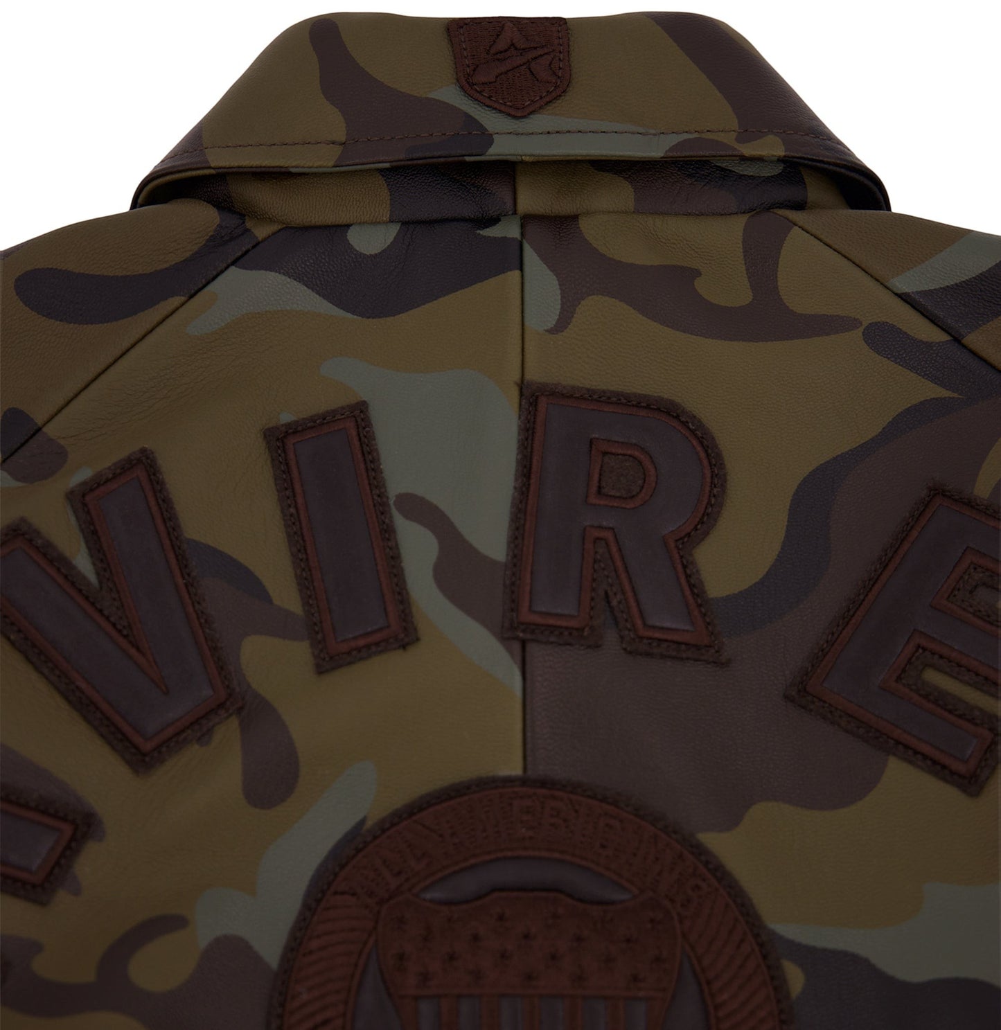 OFFCODE.USA Limited Edition Camo Icon Jacket in 100% goat leather with tonal camo print and embroidered logo details.