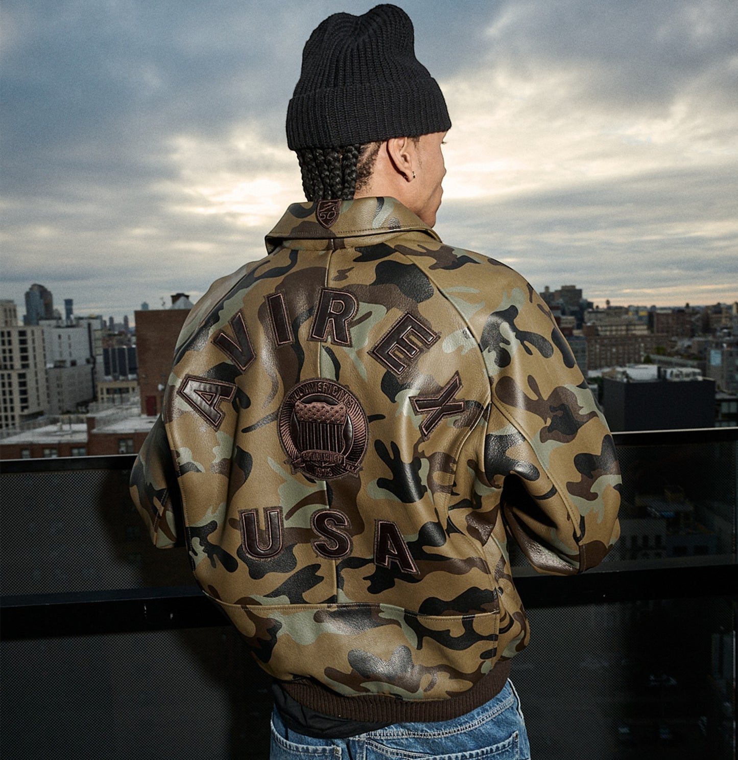 OFFCODE.USA Limited Edition Camo Icon Bomber Jacket in 100% goat leather with tonal camo print and logo details.