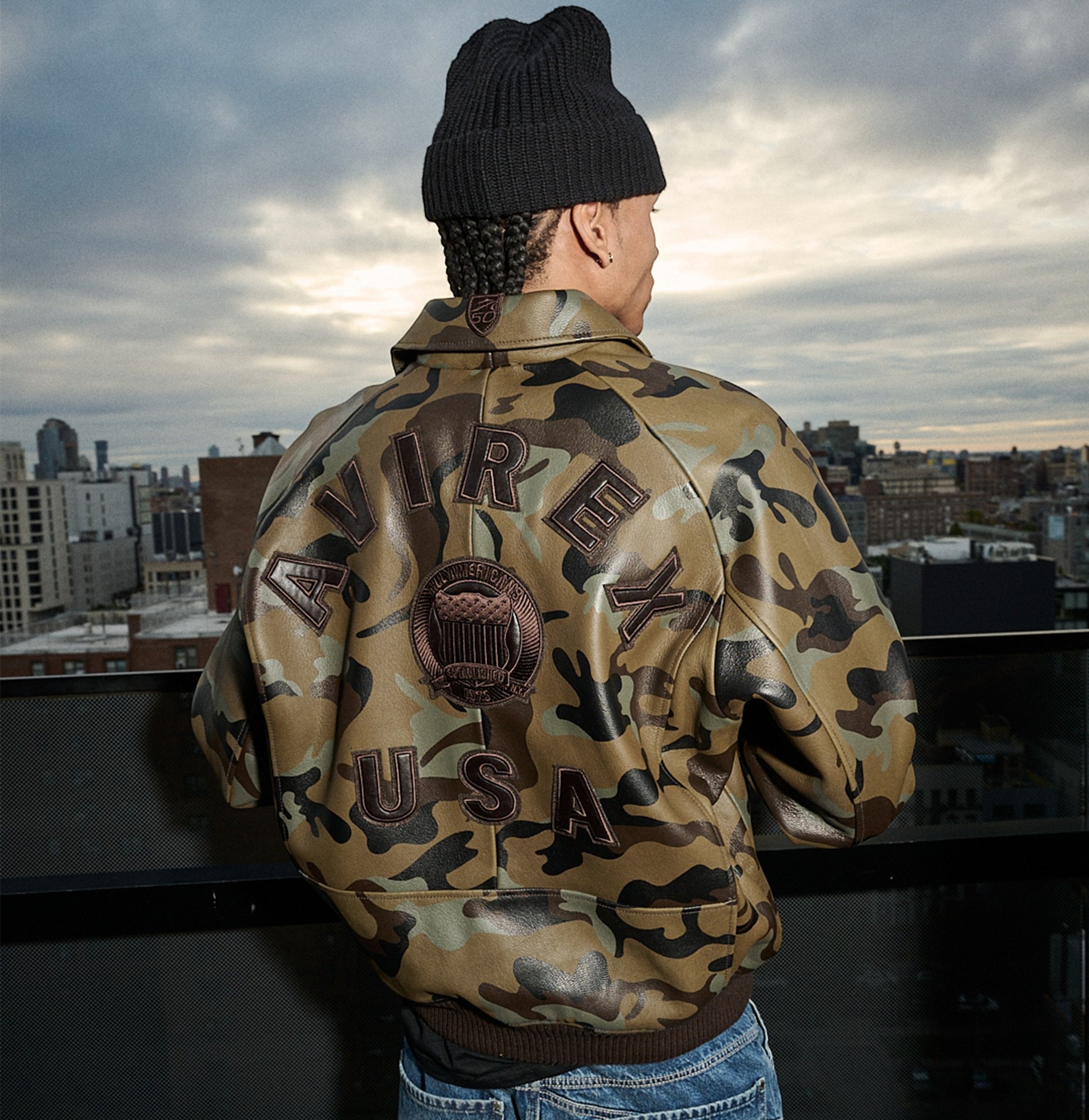OFFCODE.USA Limited Edition Camo Icon Bomber Jacket in 100% goat leather with tonal camo print and logo details.