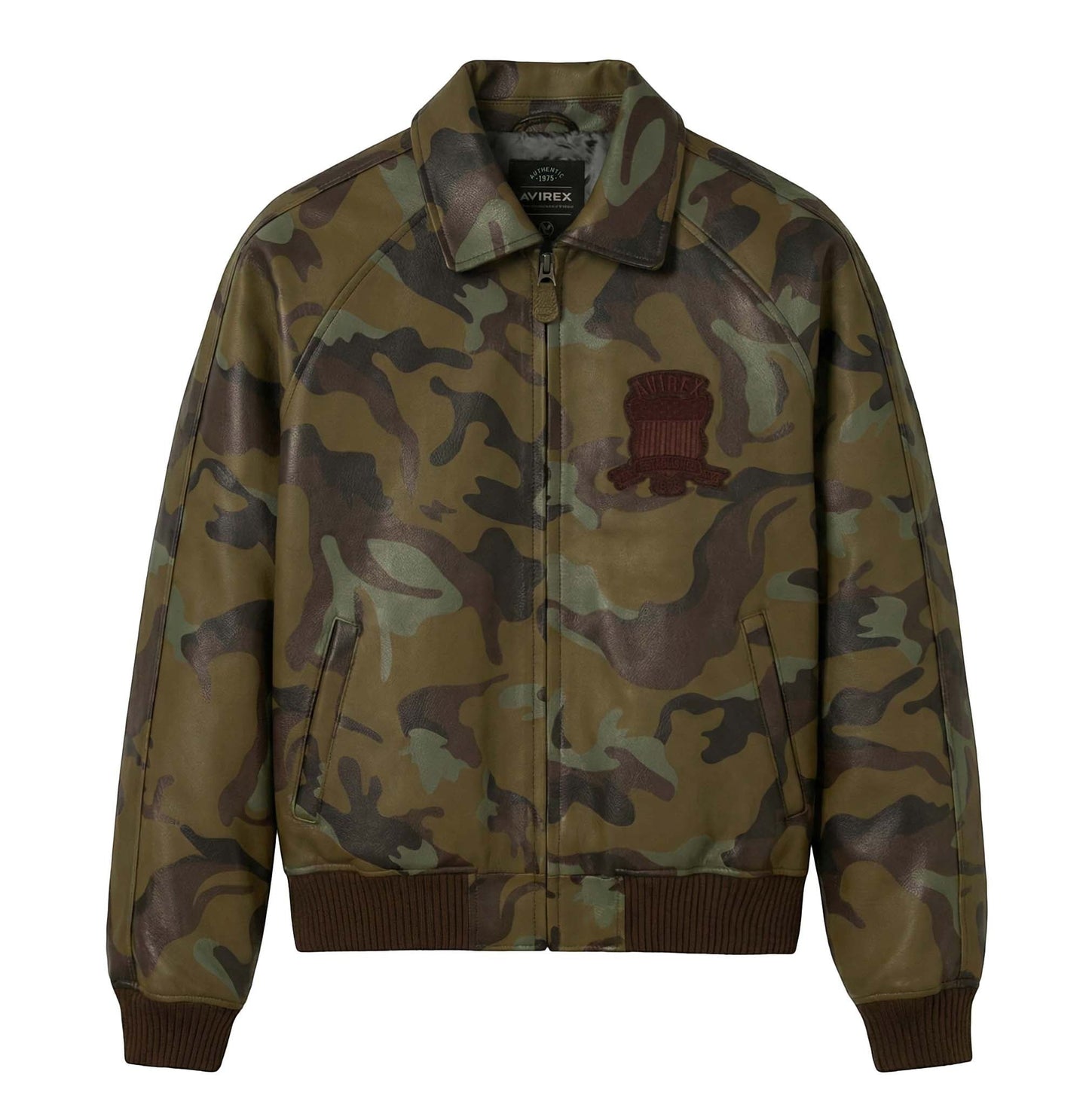 OFFCODE.USA Limited Edition Camo Icon Jacket in 100% goat leather with tonal camo print and embroidered logo patch.