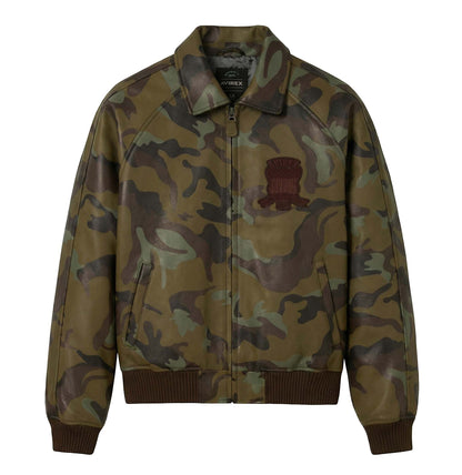 OFFCODE.USA Limited Edition Camo Icon Jacket in 100% goat leather with tonal camo print and embroidered logo patch.