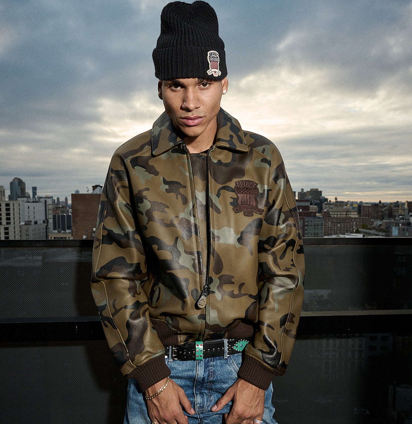 OFFCODE.USA Limited Edition Camo Icon Jacket in 100% goat leather with tonal camo print and logo details.