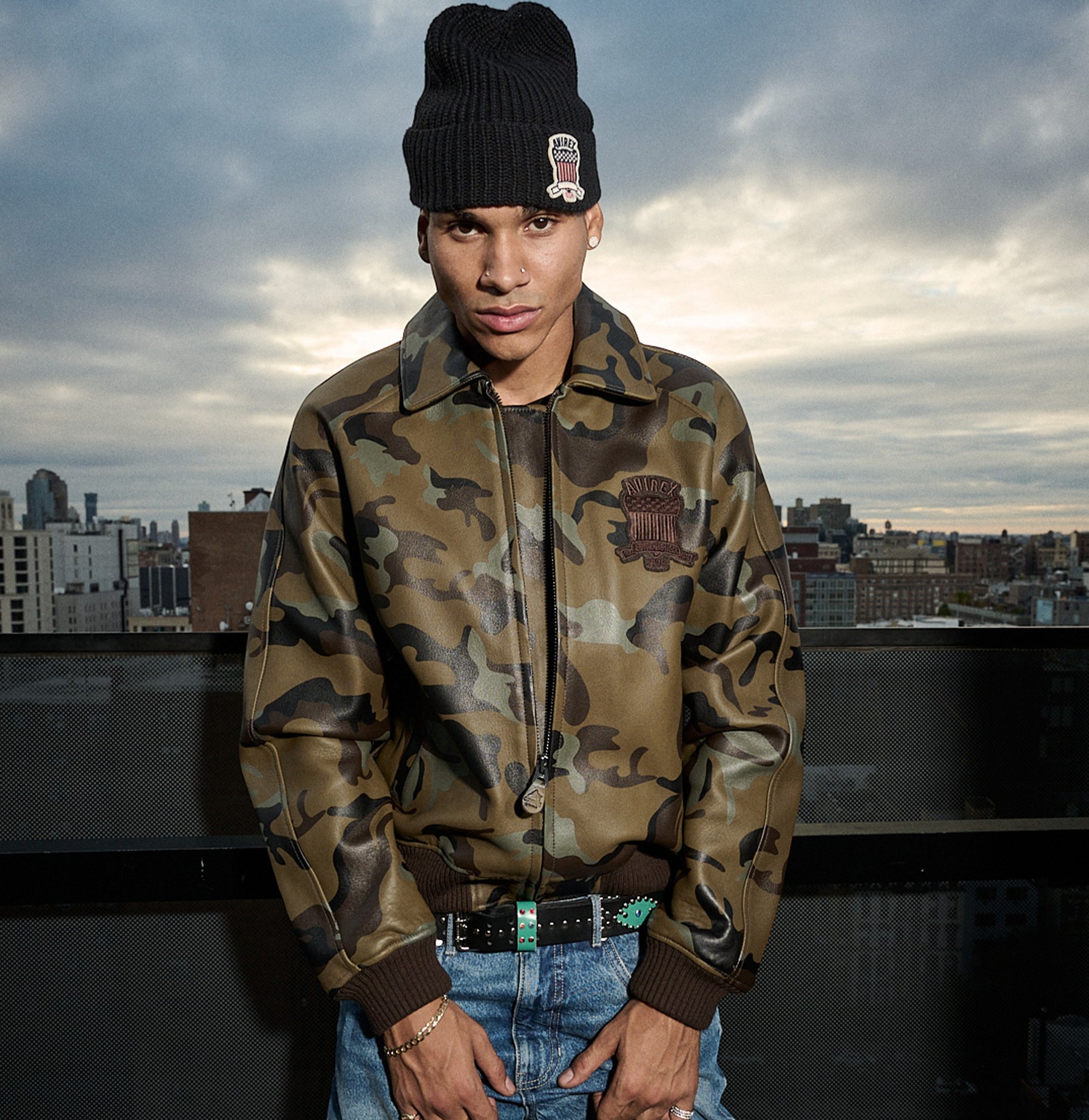 OFFCODE.USA Limited Edition Camo Icon Jacket in 100% goat leather with tonal camo print and logo details.