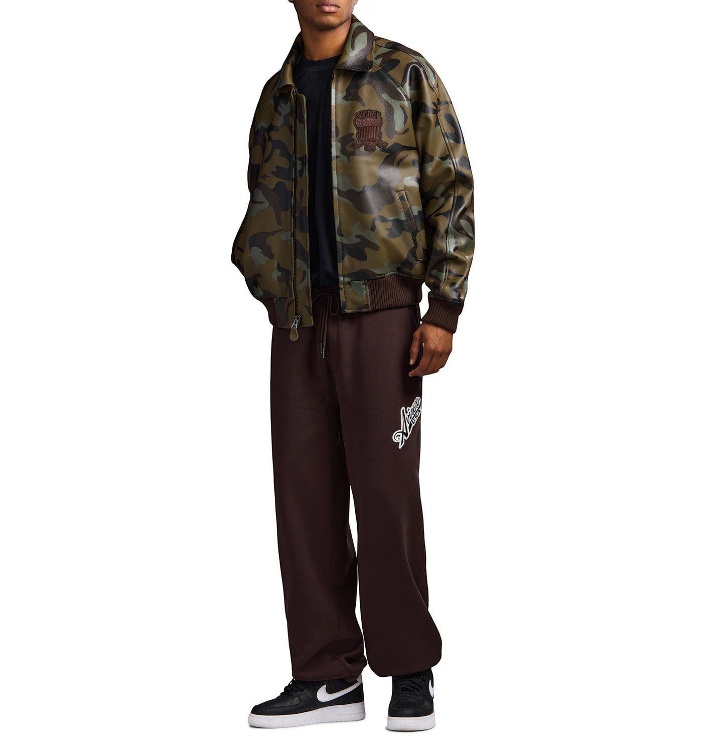 OFFCODE.USA Limited Edition Camo Icon Jacket in green and brown camo print, made of 100% goat leather with logo details.
