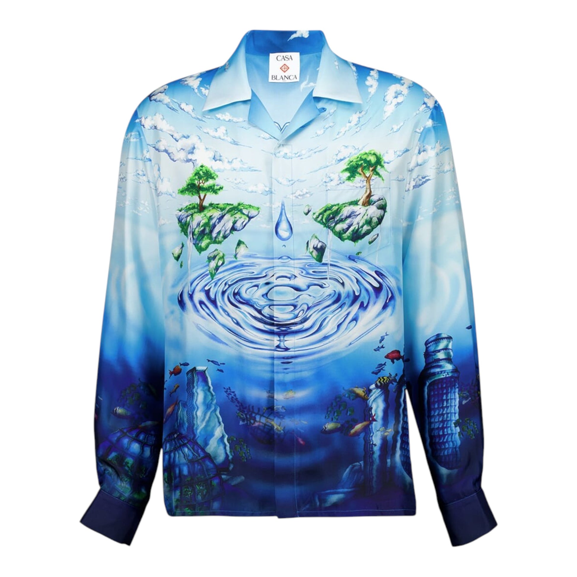 OFFCODE.USA Lost Atlantis silk Cuban shirt with a surreal digital print of floating islands and oceanic life in Atlantis Blue.