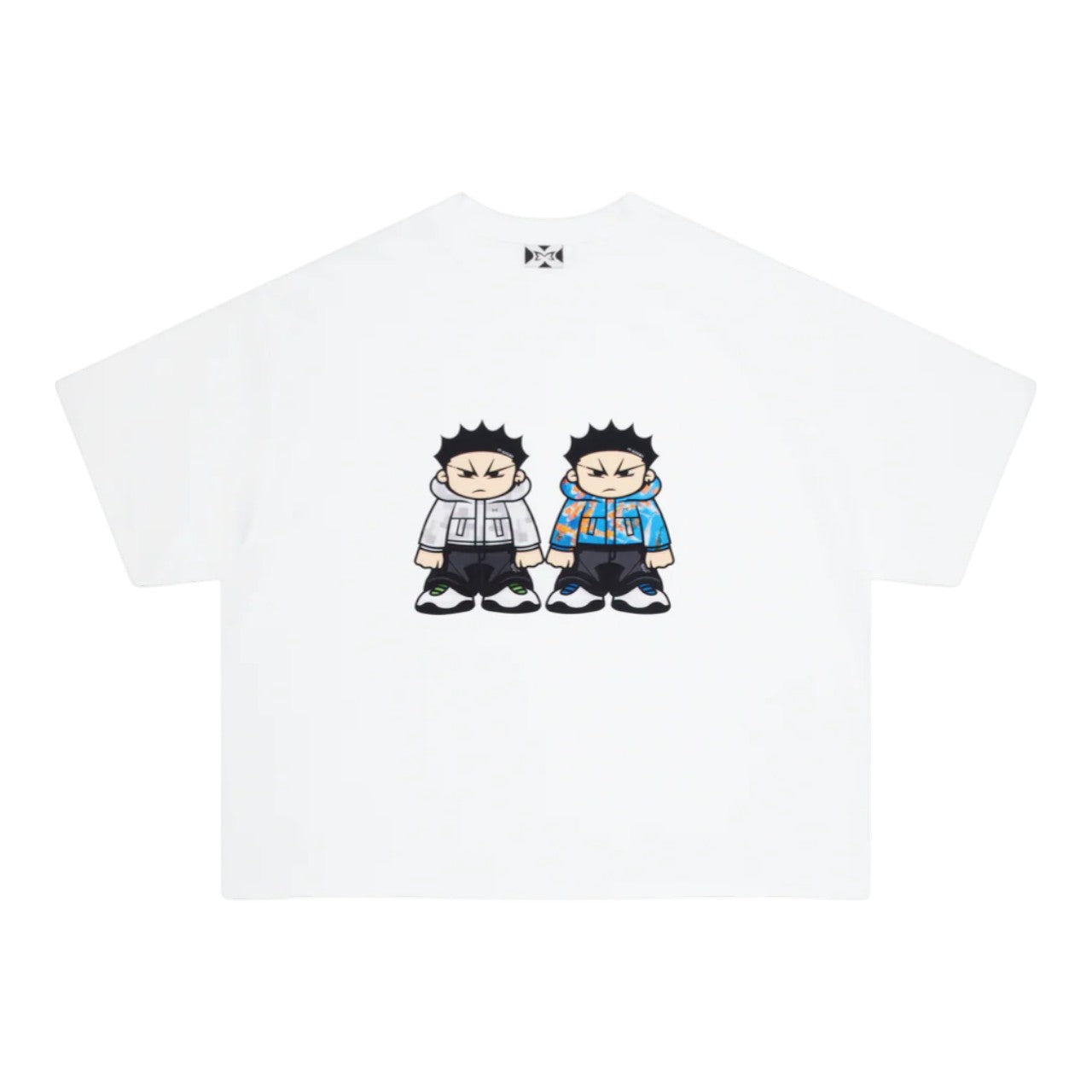 OFFCODE.USA white 100% cotton boxy fit t-shirt with DTG printed graphic of two cartoon mascots.