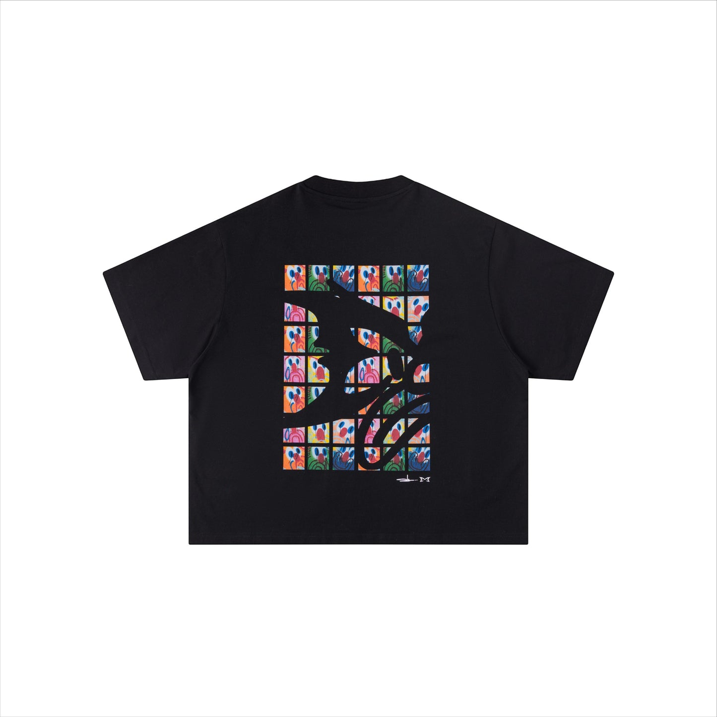 OFFCODE.USA MERTRA x Slawn black 100% cotton tee with boxy fit and colorful graphic print on back.
