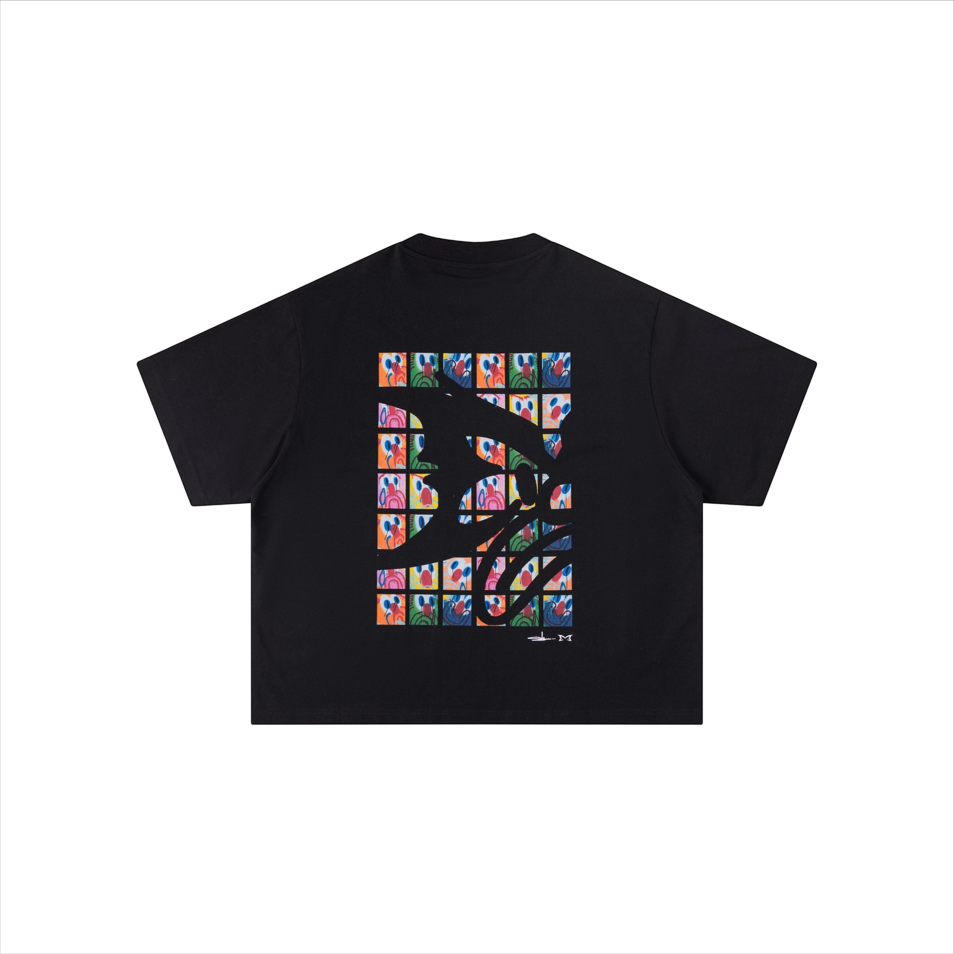 OFFCODE.USA MERTRA x Slawn black 100% cotton tee with boxy fit and colorful graphic print on back.