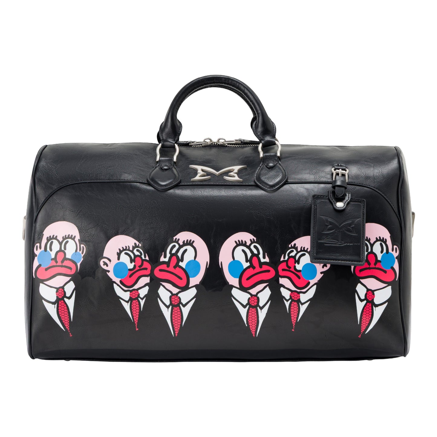 OFFCODE.USA MERTRA x Slawn Duffle bag in black PU leather with graphic print of cartoon faces. Features carry handles and detachable strap.
