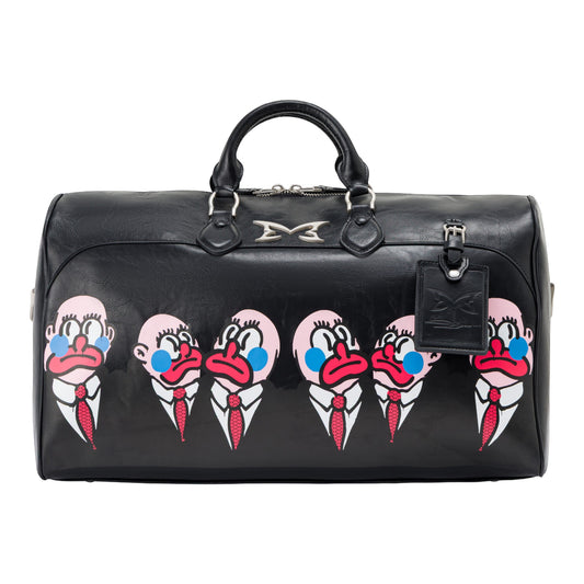 OFFCODE.USA MERTRA x Slawn Duffle bag in black PU leather with graphic print of cartoon faces. Features carry handles and detachable strap.