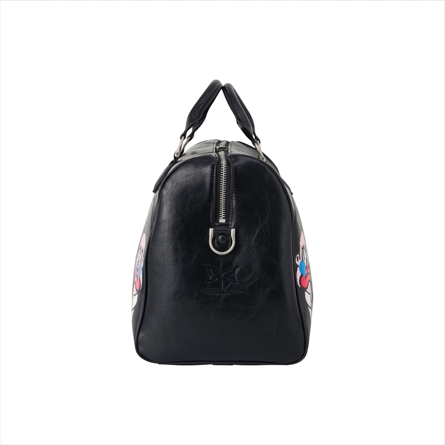 OFFCODE.USA MERTRA x Slawn Duffle bag in black PU leather with colorful graphic art and debossed logo.