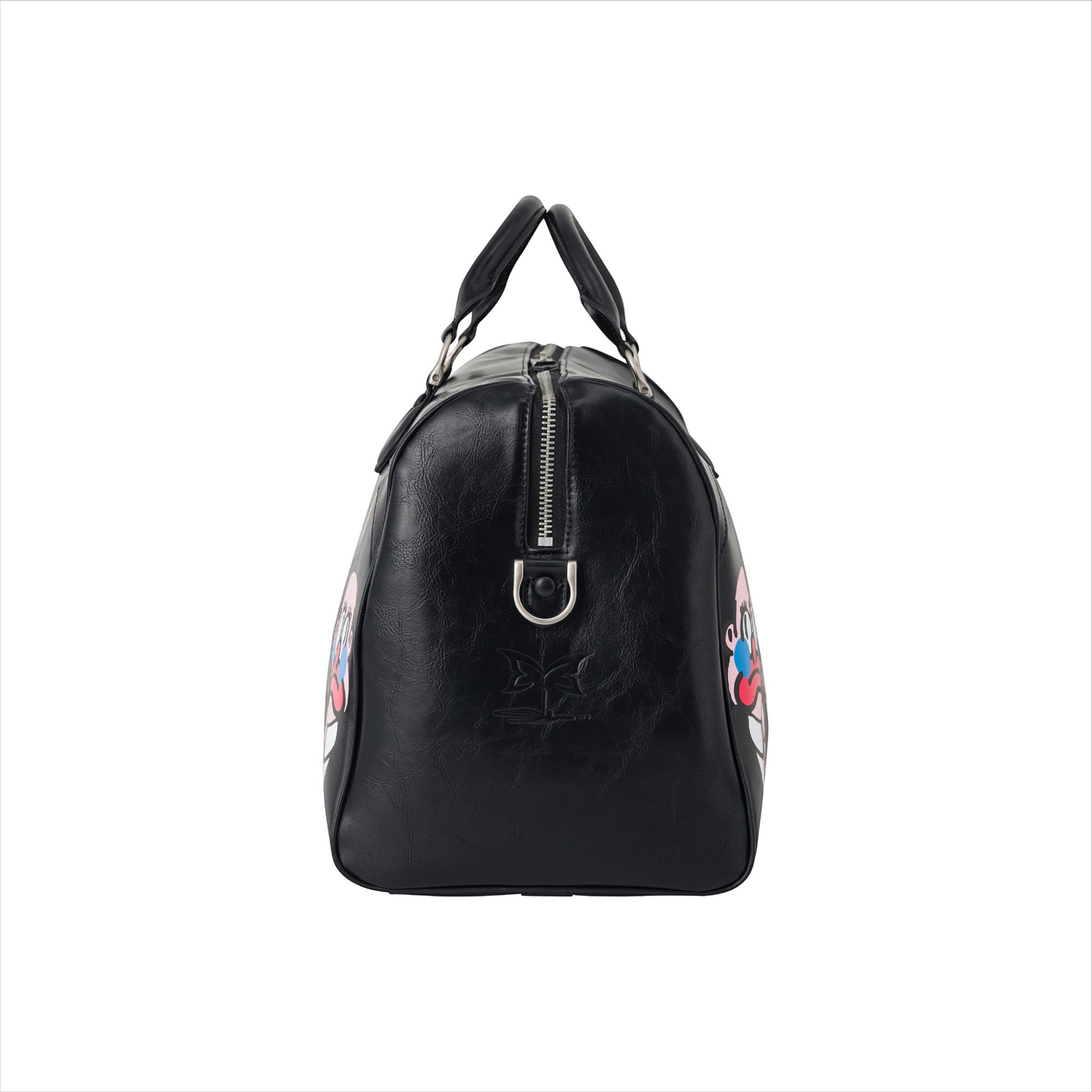 OFFCODE.USA MERTRA x Slawn Duffle bag in black PU leather with colorful graphic art and debossed logo.