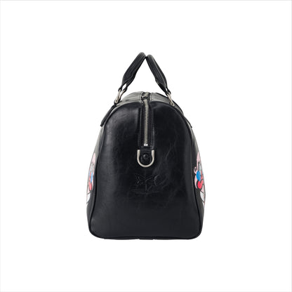 OFFCODE.USA MERTRA x Slawn Duffle bag in black PU leather with colorful graphic art and debossed logo.