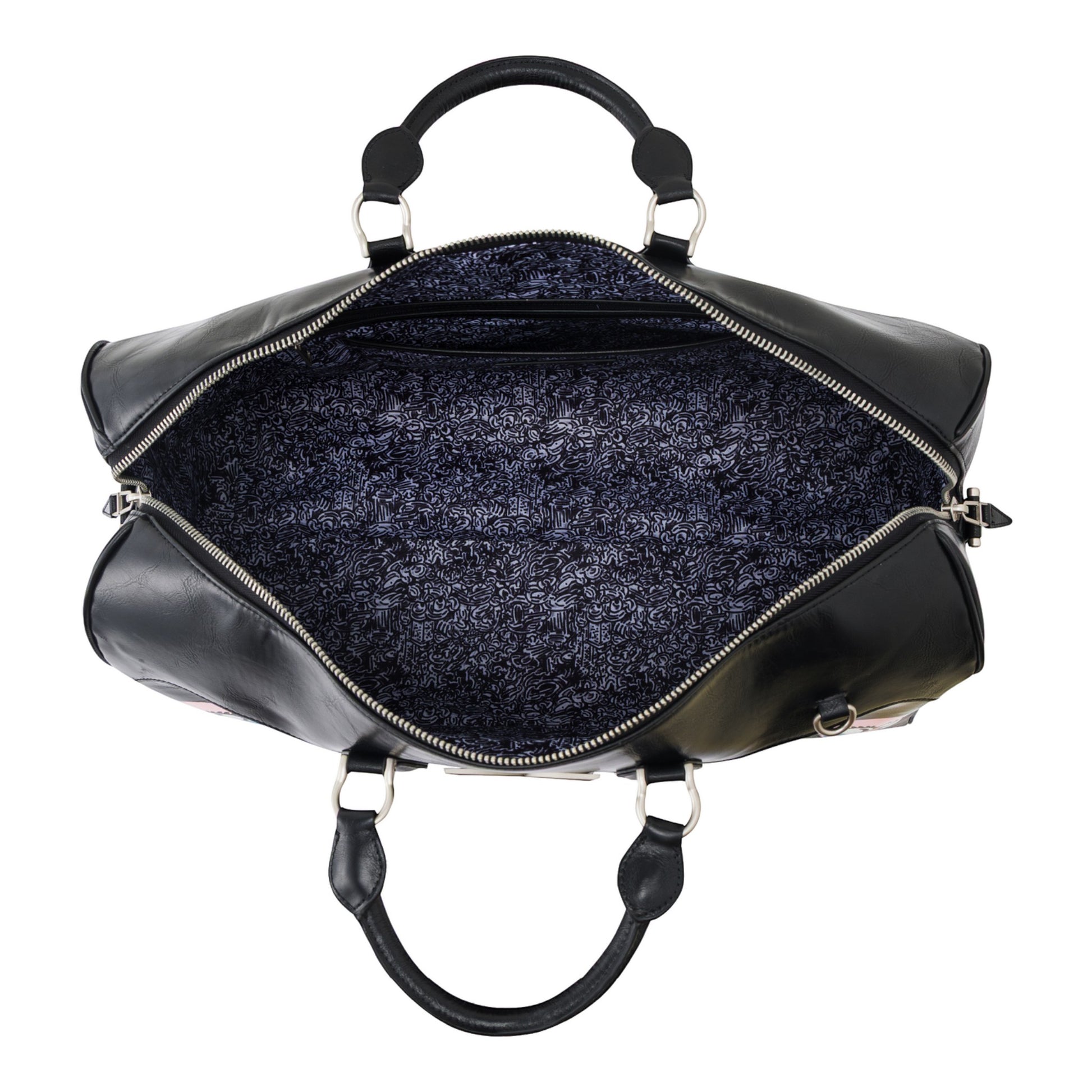 OFFCODE.USA MERTRA x Slawn Duffle bag made of black PU leather with a unique Olaolu Slawn artwork lining. Features carry handles and a detachable strap.