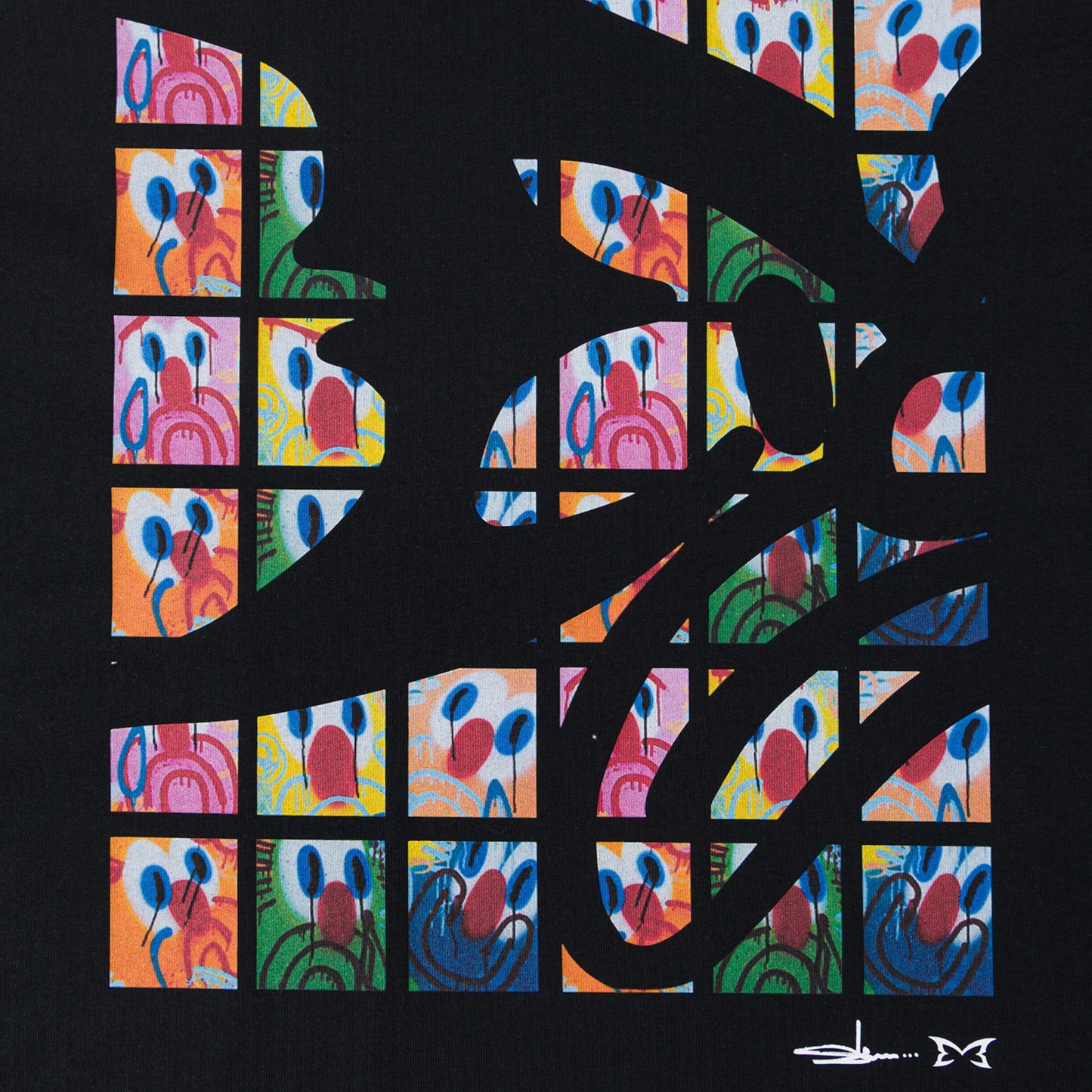 OFFCODE.USA MERTRA x Slawn black 100% cotton tee with colorful graphic print on front and back.