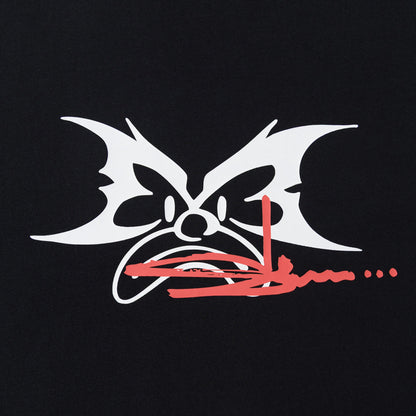OFFCODE.USA MERTRA x Slawn black 100% cotton tee with white graphic face and red accents.