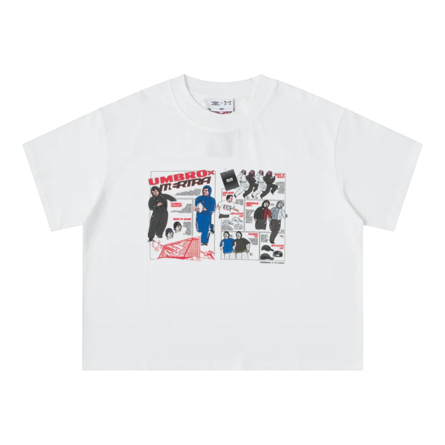 OFFCODE.USA MERTRA x Umbro Catalogue Tee: White cotton t-shirt with graphic print featuring football players and catalogue-style illustrations.