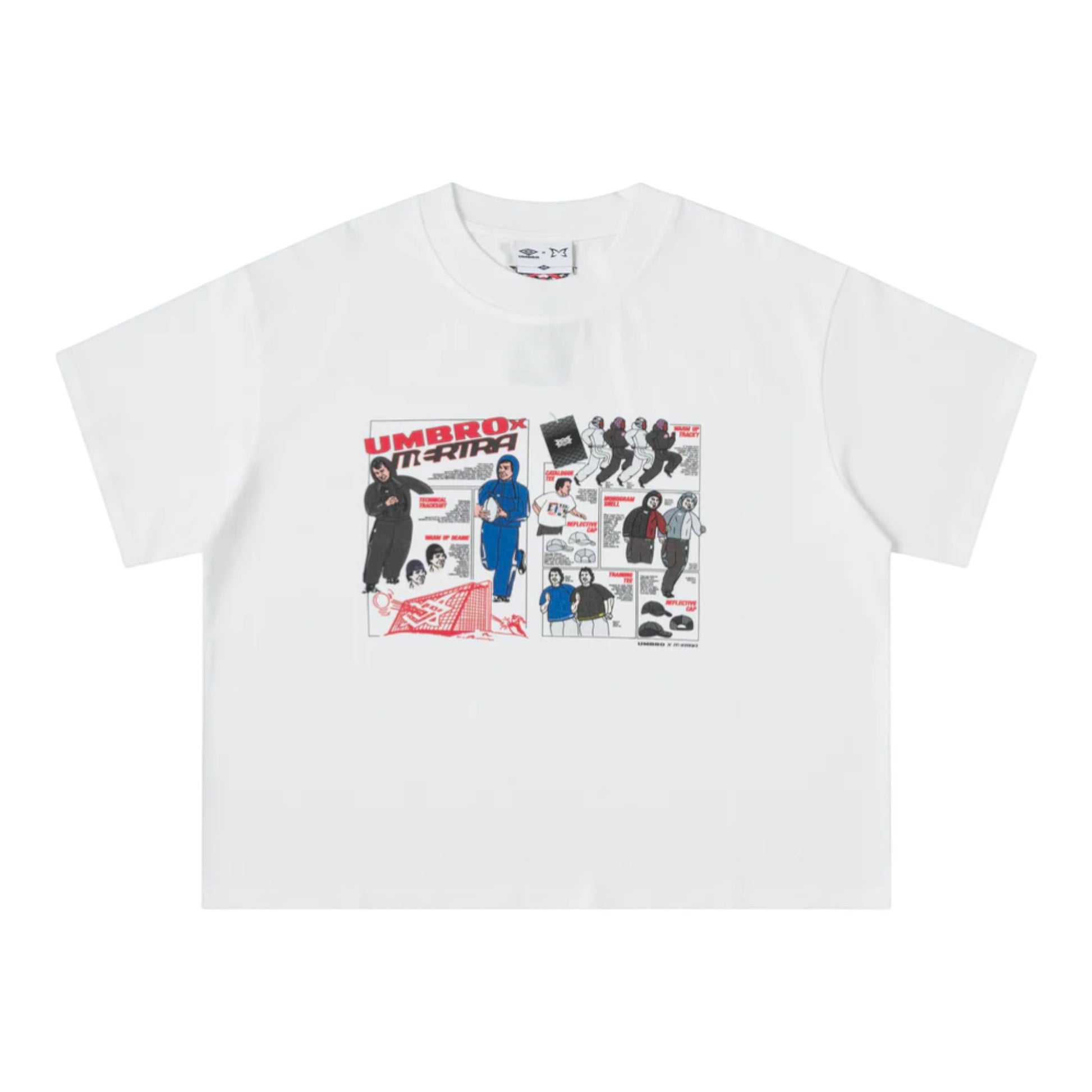 OFFCODE.USA MERTRA x Umbro Catalogue Tee: White cotton t-shirt with graphic print featuring football players and catalogue-style illustrations.