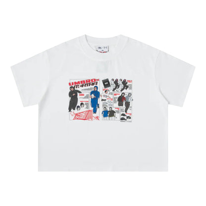 OFFCODE.USA MERTRA x Umbro Catalogue Tee: White cotton t-shirt with graphic print featuring football players and catalogue-style illustrations.