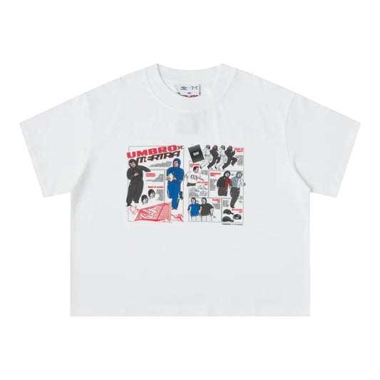 OFFCODE.USA MERTRA x Umbro Catalogue Tee: White cotton t-shirt with graphic print featuring football players and catalogue-style illustrations.