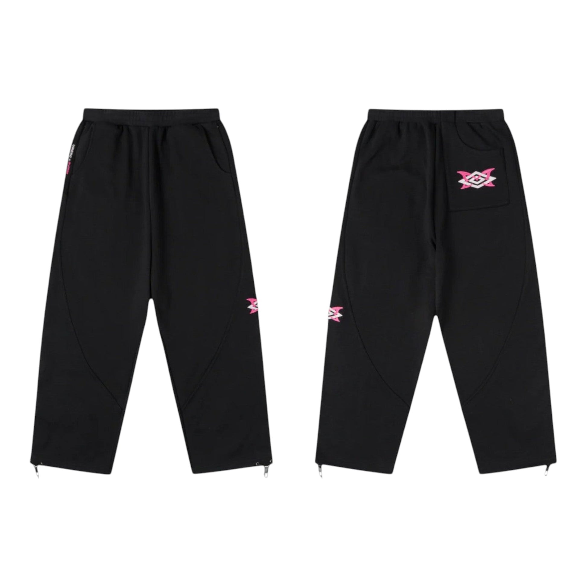 OFFCODE.USA MERTRA x Umbro black joggers with pink embroidered logo detail on leg and back pocket. Zippers at ankle.