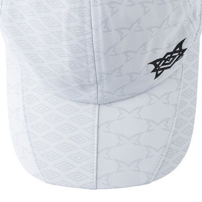 OFFCODE.USA MERTRA x Umbro reflective cap in grey, featuring a monogram print and vinyl collab logo.
