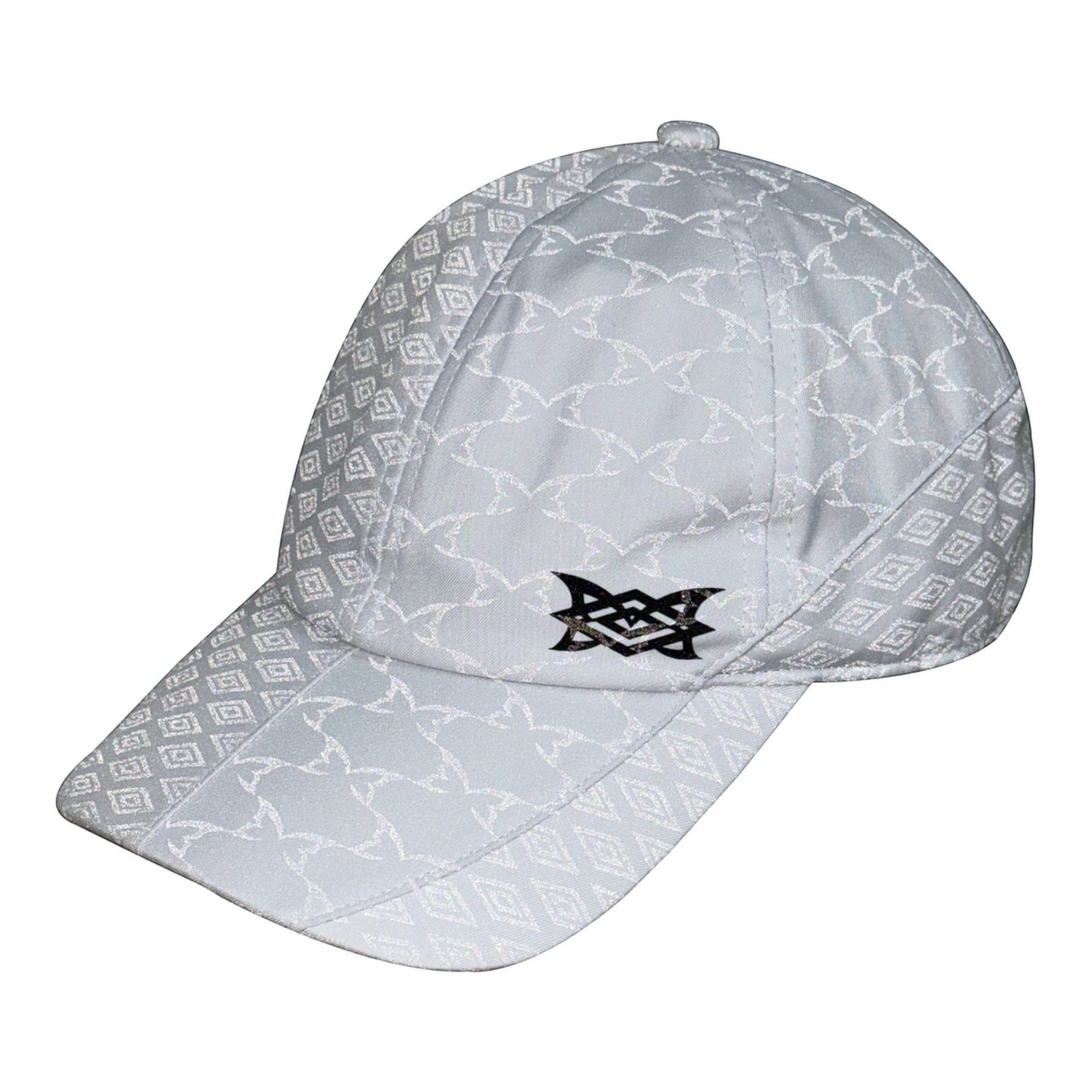 OFFCODE.USA MERTRA x Umbro grey polyamide cap with reflective monogram print and vinyl collab logo.