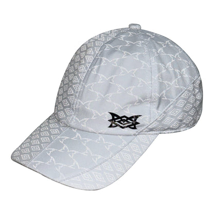 OFFCODE.USA MERTRA x Umbro grey polyamide cap with reflective monogram print and vinyl collab logo.