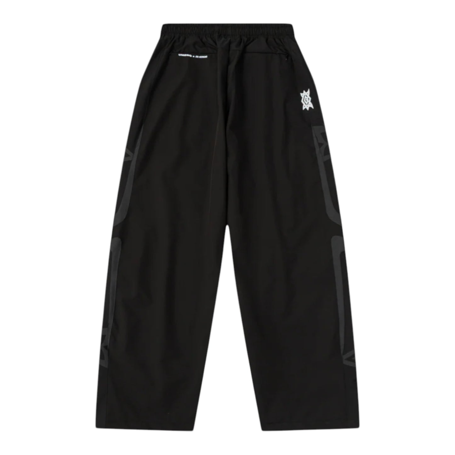 OFFCODE.USA MERTRA x Umbro Technical Bottoms in black with grey graphic details on the sides.