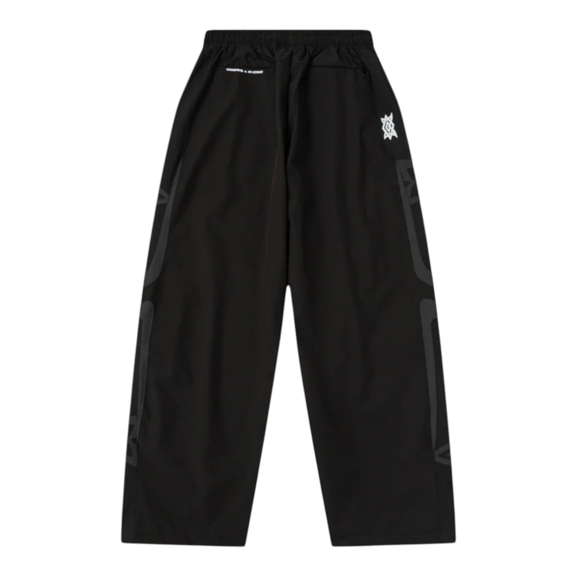 OFFCODE.USA MERTRA x Umbro Technical Bottoms in black with grey graphic details on the sides.