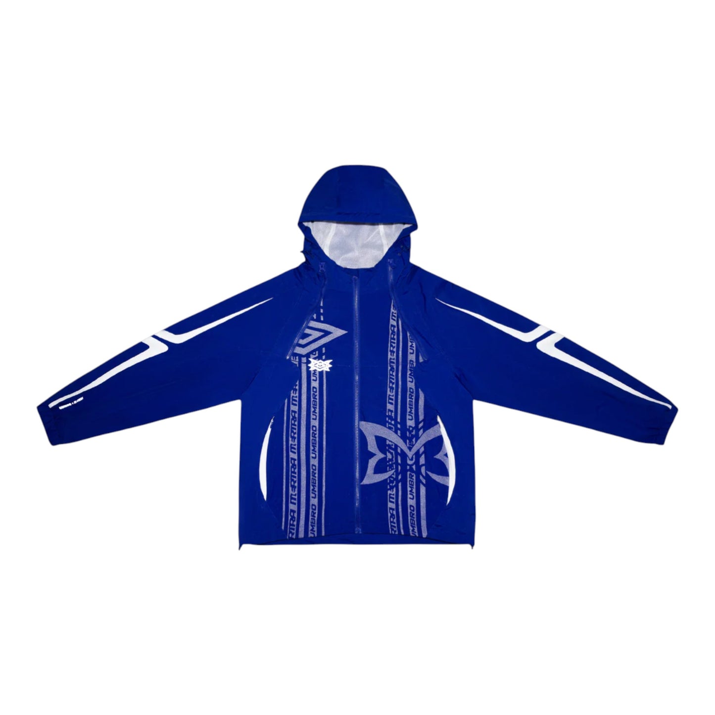 OFFCODE.USA MERTRA x Umbro technical jacket in black and blue with reflective pattern, ventilation zippers, and logos.