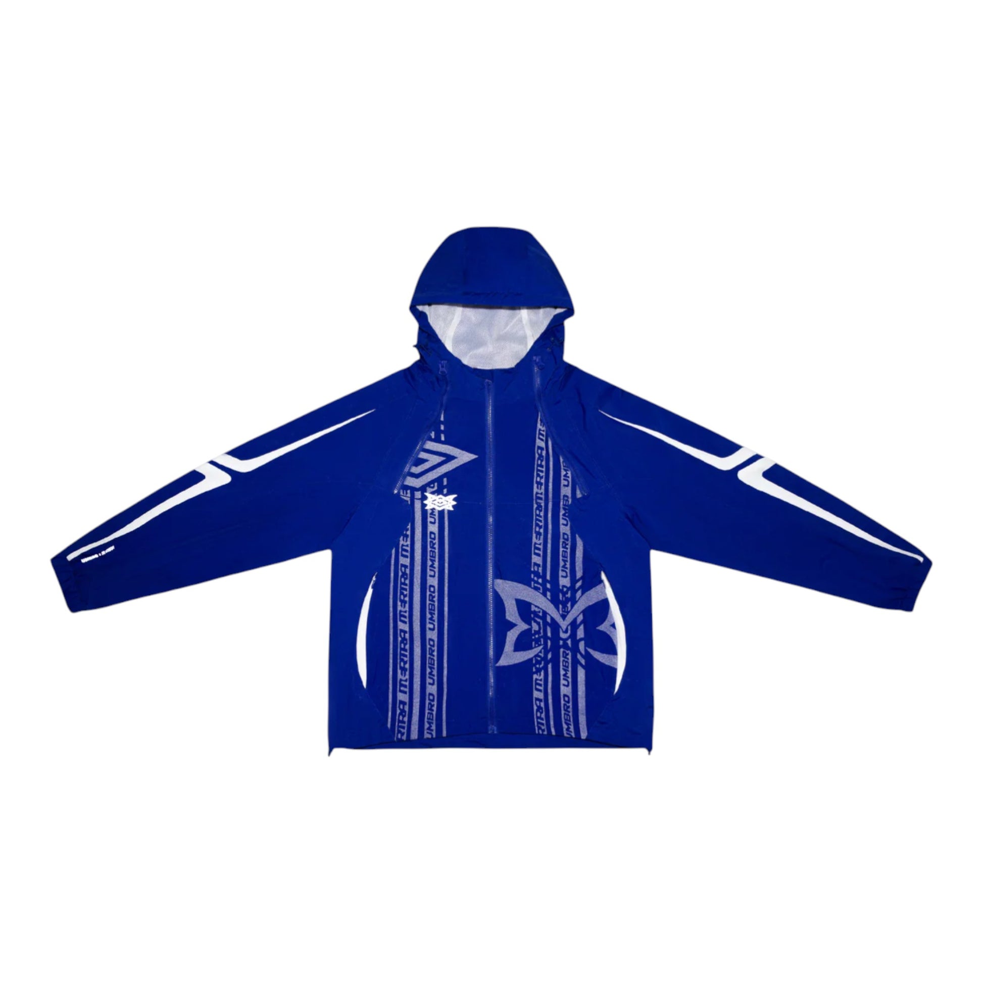 OFFCODE.USA MERTRA x Umbro technical jacket in black and blue with reflective pattern, ventilation zippers, and logos.