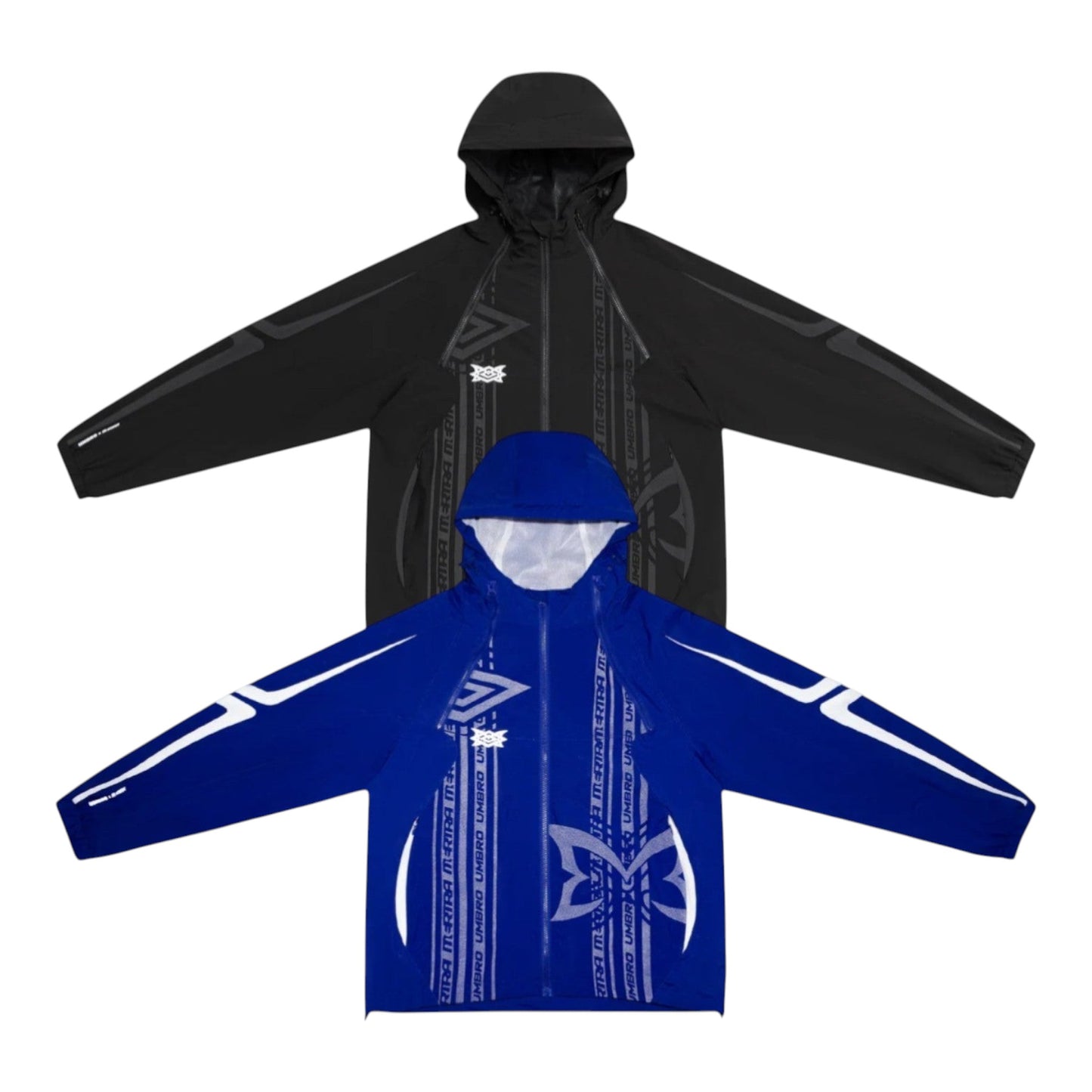 OFFCODE.USA MERTRA x Umbro technical jacket in black and blue with reflective patterns, ventilation zippers, and logos.