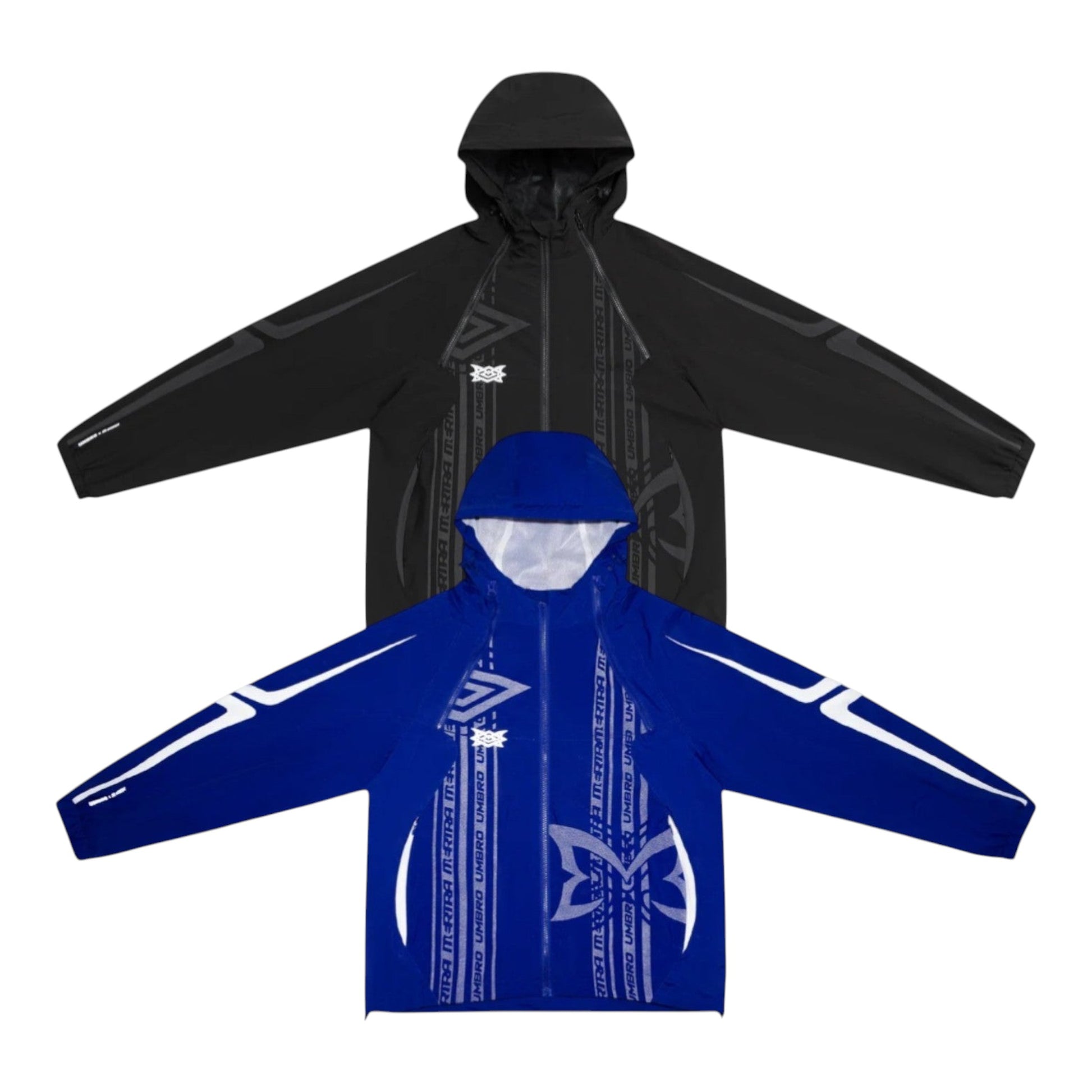 OFFCODE.USA MERTRA x Umbro technical jacket in black and blue with reflective patterns, ventilation zippers, and logos.
