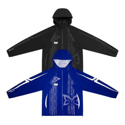 OFFCODE.USA MERTRA x Umbro technical jacket in black and blue with reflective patterns, ventilation zippers, and logos.