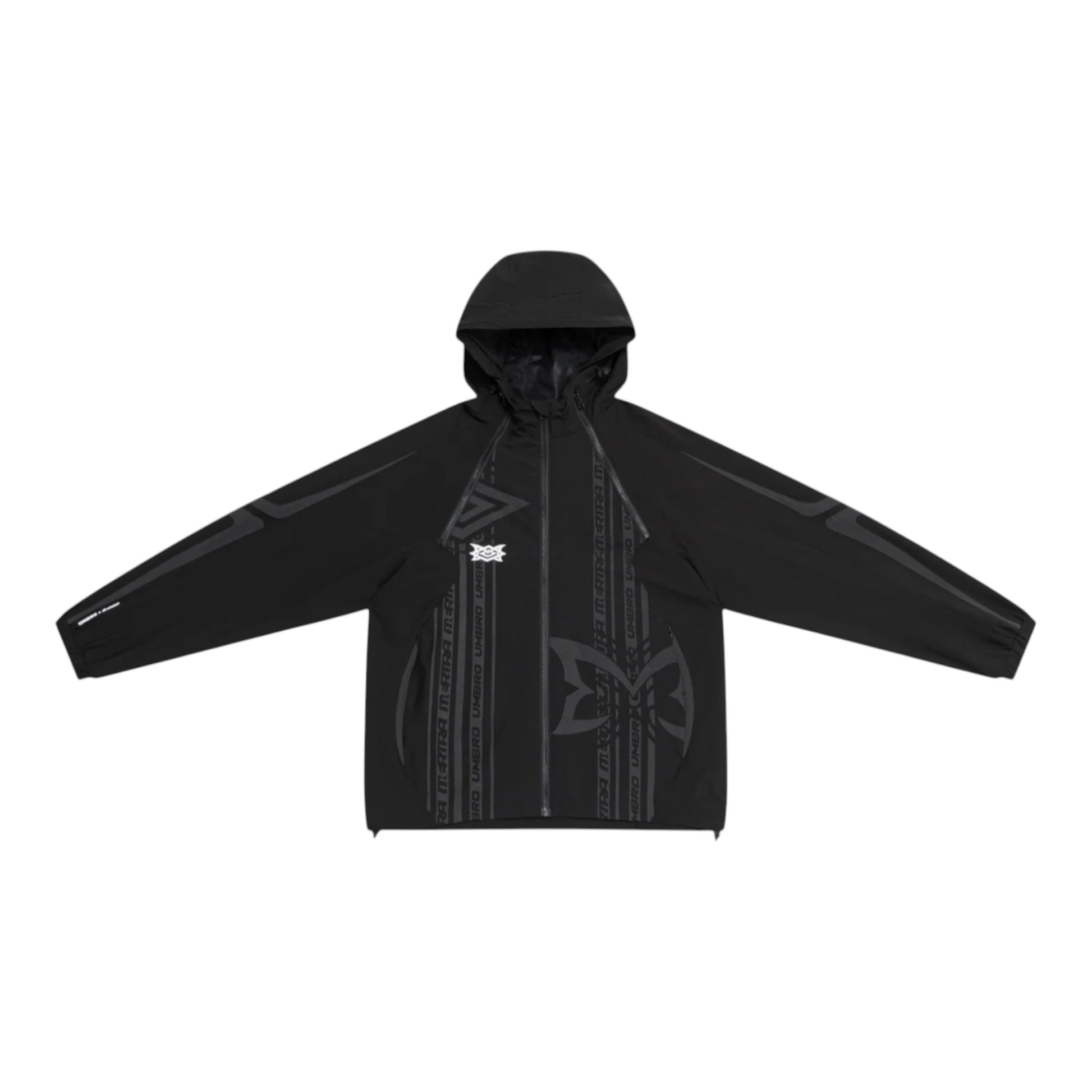 OFFCODE.USA MERTRA x Umbro black polyamide technical jacket with reflective pattern, ventilation zippers, and logos.