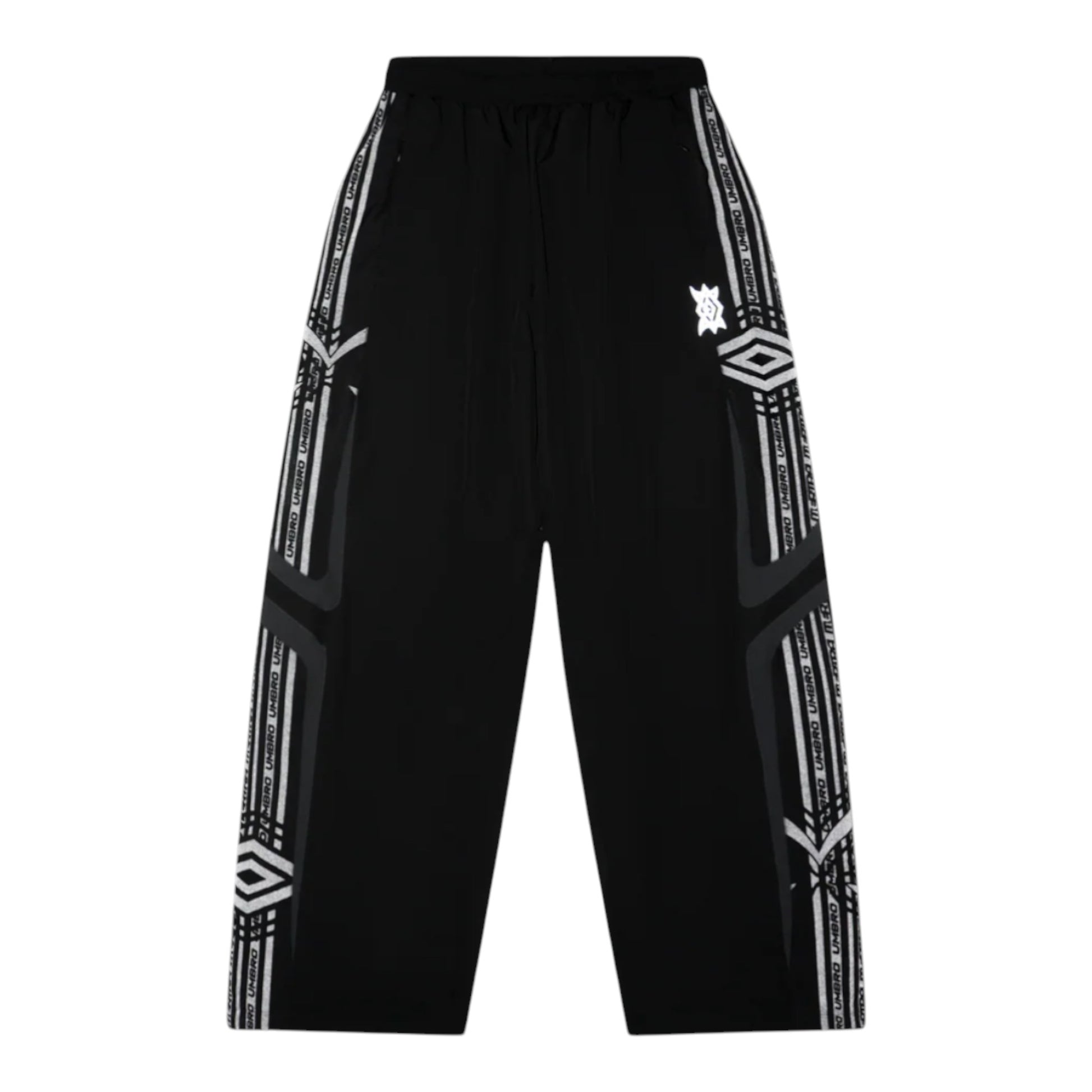 OFFCODE.USA MERTRA x Umbro technical track pants in black with white Umbro tape detailing and logo accents.