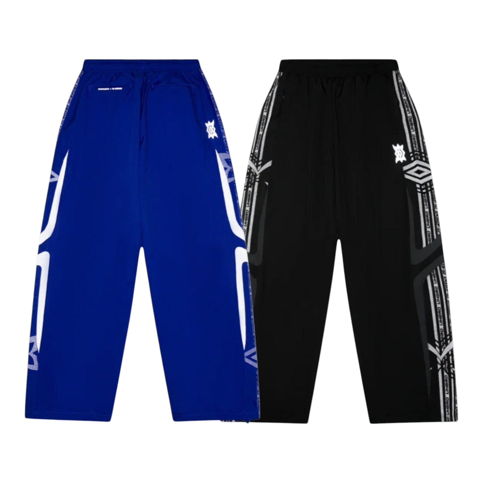 OFFCODE.USA MERTRA x Umbro technical track pants in blue and black with graphic side stripes and logos.