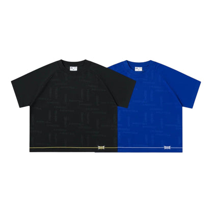 OFFCODE.USA MERTRA x Umbro training tees in black and blue, featuring an all-over logo print and a subtle embroidered logo detail.