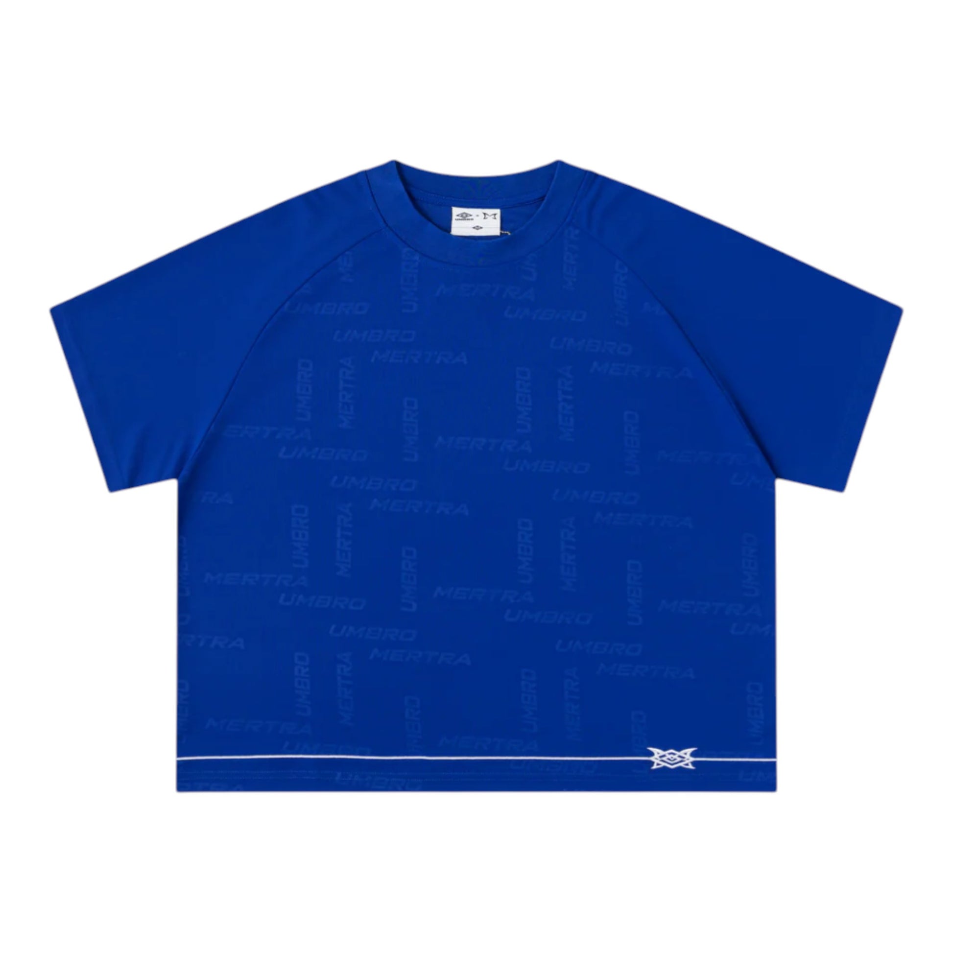 OFFCODE.USA MERTRA x Umbro training tee in royal blue with all-over embossed logo pattern and white trim.
