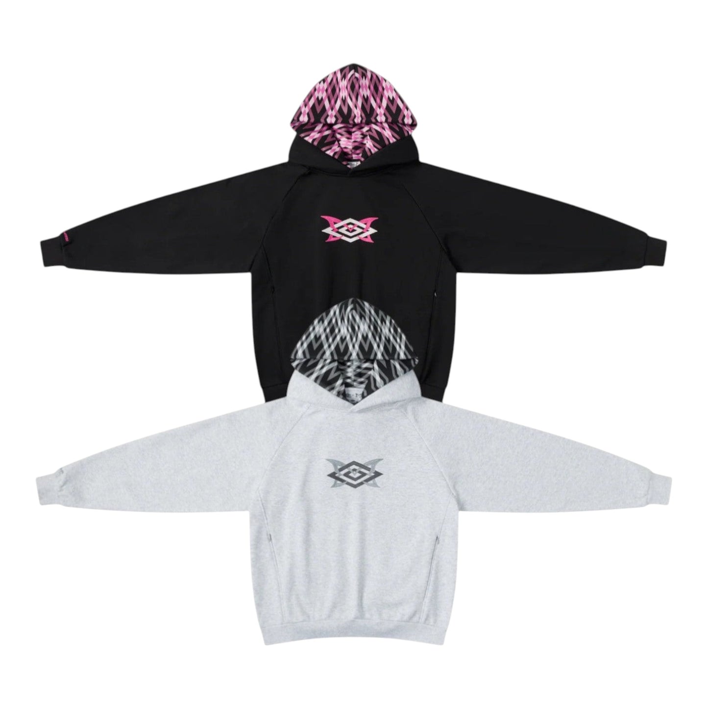 OFFCODE.USA MERTRA x Umbro Warm Up Hoodie in black and grey with patterned hood lining and embroidered logo.