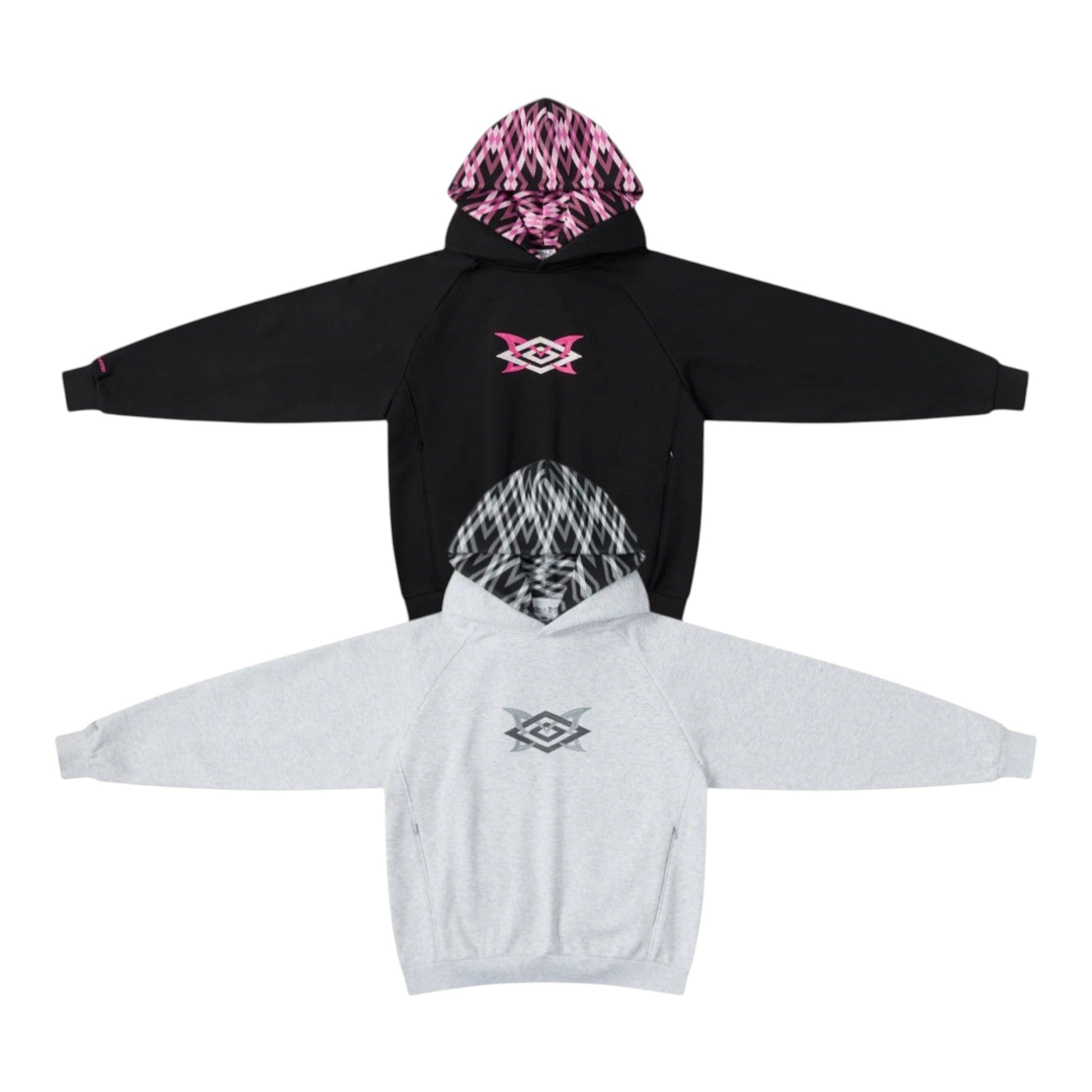 OFFCODE.USA MERTRA x Umbro Warm Up Hoodie in black and grey with patterned hood lining and embroidered logo.