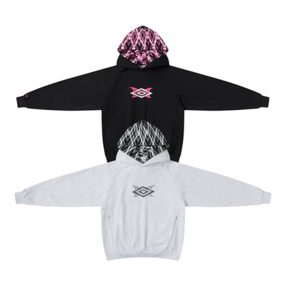 OFFCODE.USA MERTRA x Umbro Warm Up Hoodie in black and grey with patterned hood lining and embroidered logo.