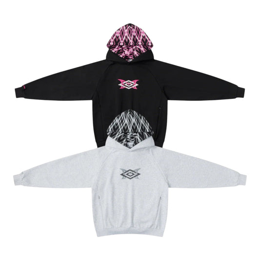 OFFCODE.USA MERTRA x Umbro Warm Up Hoodie in black and grey with patterned hood lining and embroidered logo.