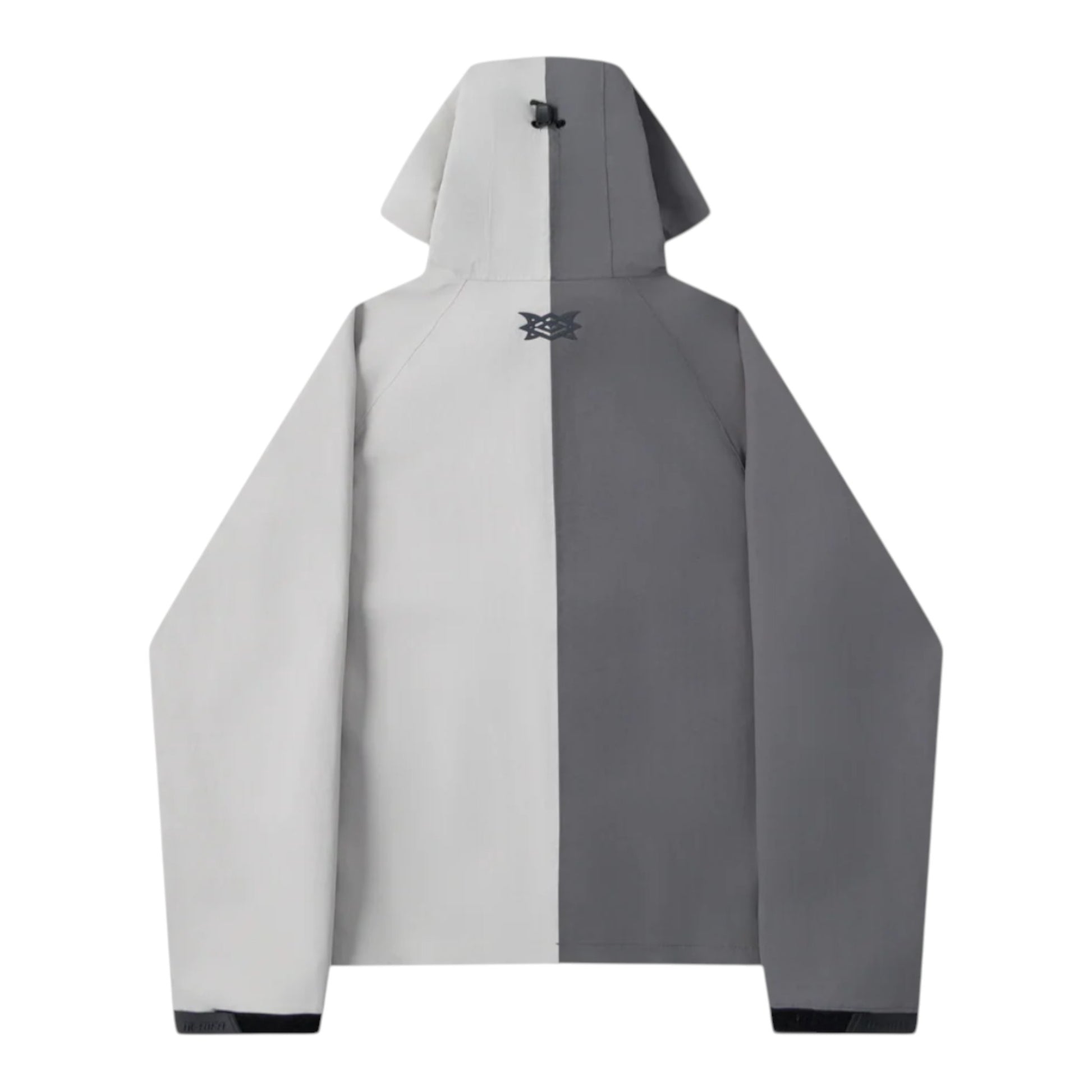 OFFCODE.USA MERTRA x Umbro Water Reactive Jacket in split grey and dark grey with hood and logo detail.