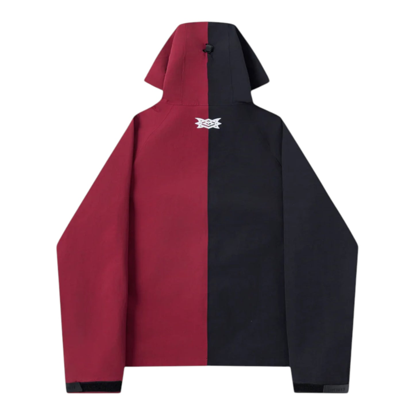 OFFCODE.USA MERTRA x Umbro Water Reactive Jacket in red and black, featuring a split-color design and a white logo on the back.