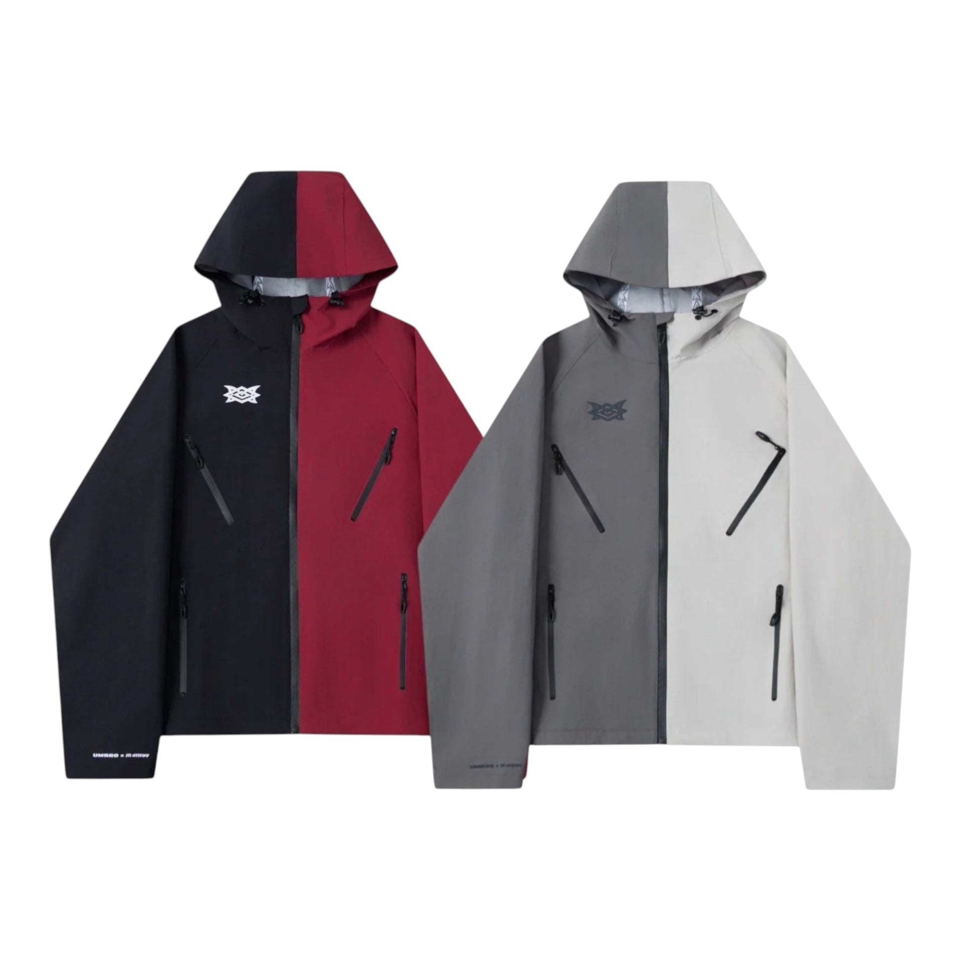 OFFCODE.USA MERTRA x Umbro water reactive jacket in red/black and grey/grey color-blocked design with zippered pockets.