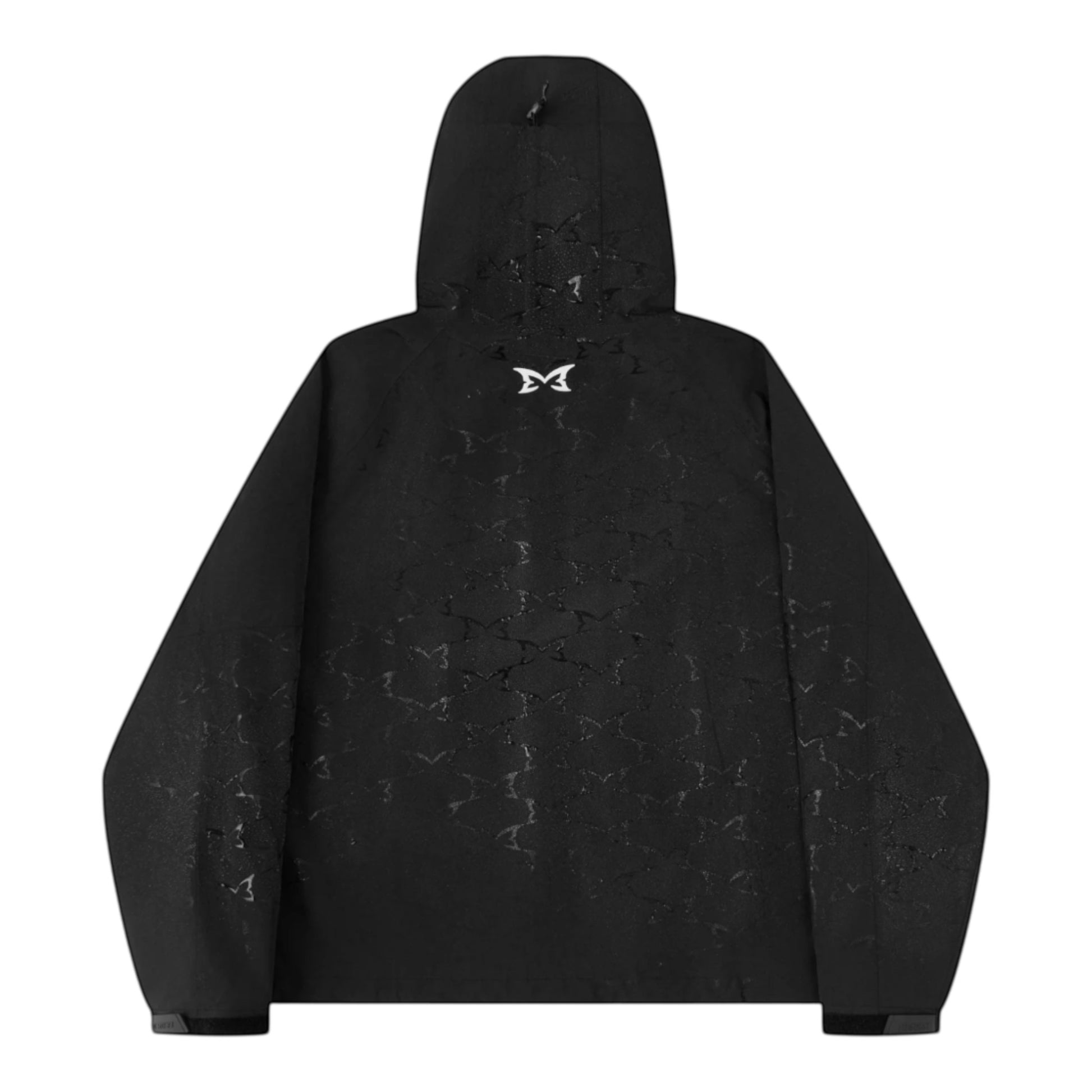 OFFCODE.USA Monogram Shell Jacket 2.0 in black with a textured pattern and hood.