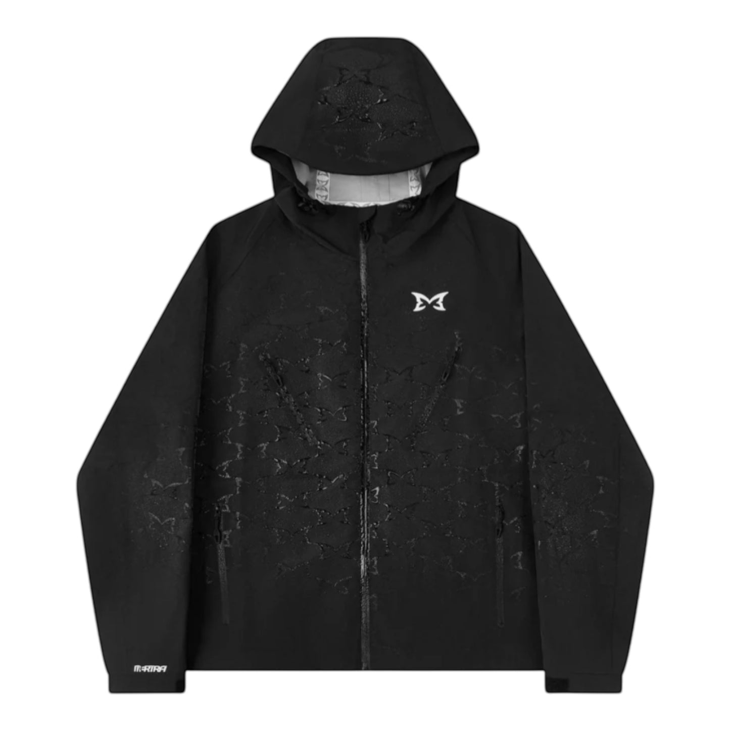 OFFCODE.USA Monogram Shell Jacket 2.0 in black, featuring a textured monogram pattern and a white logo on the chest.