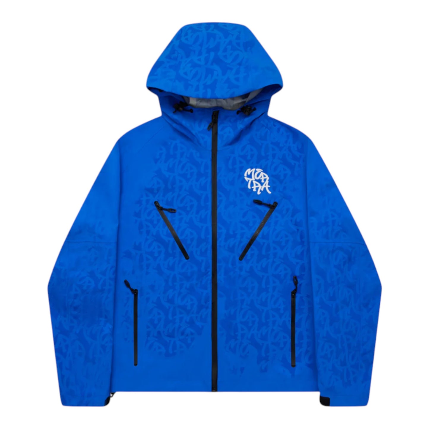 OFFCODE.USA blue nylon taslan shell jacket with water sensitive monogram pattern and 3D logos.